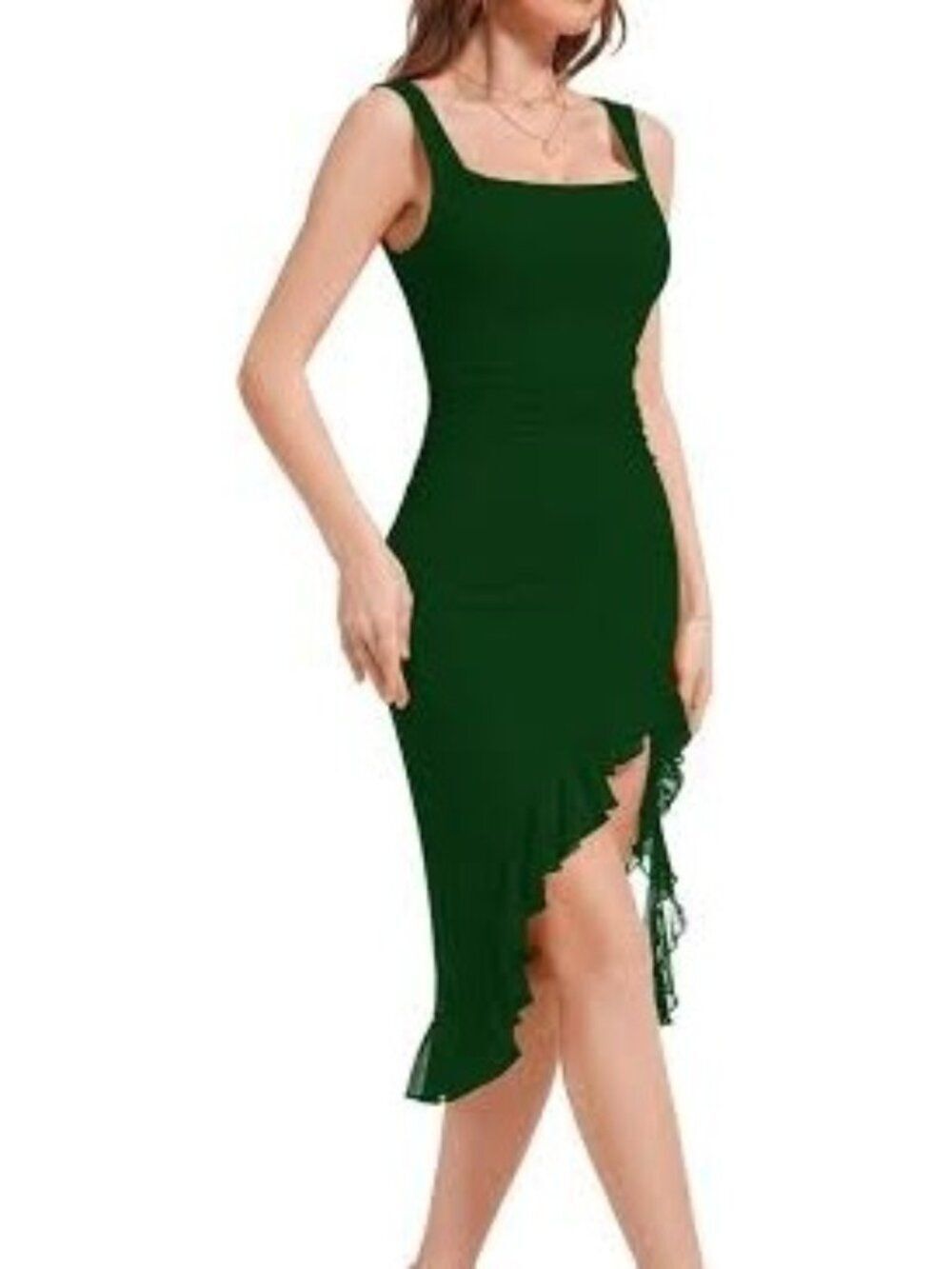 Boriflors Women’s Green Square Neck Mesh Bodycon Ruffle Dress Size M